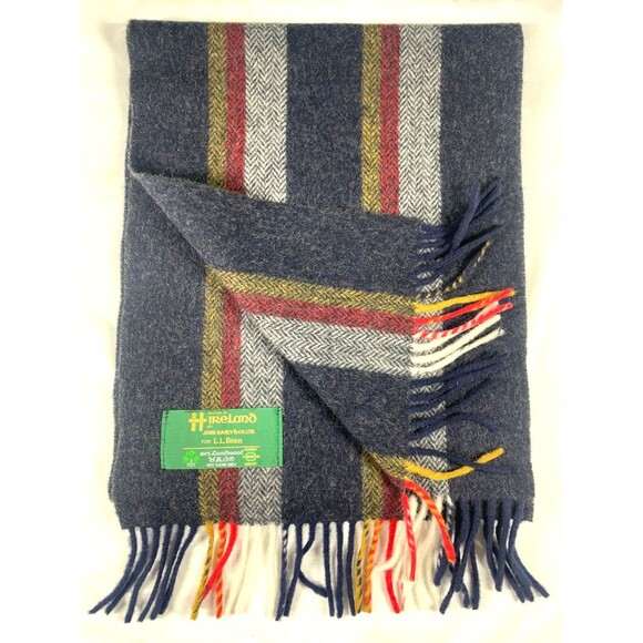 VTG John Hanly x LL Bean Scarf Striped Ireland Lambswool Navy Gray Herringbone - Picture 1 of 4